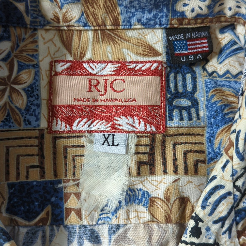 RJC Hawaiian Shirt Mens XL Blue Ancient Warriors Tribal Print Made In Hawaii USA - Picture 3 of 6